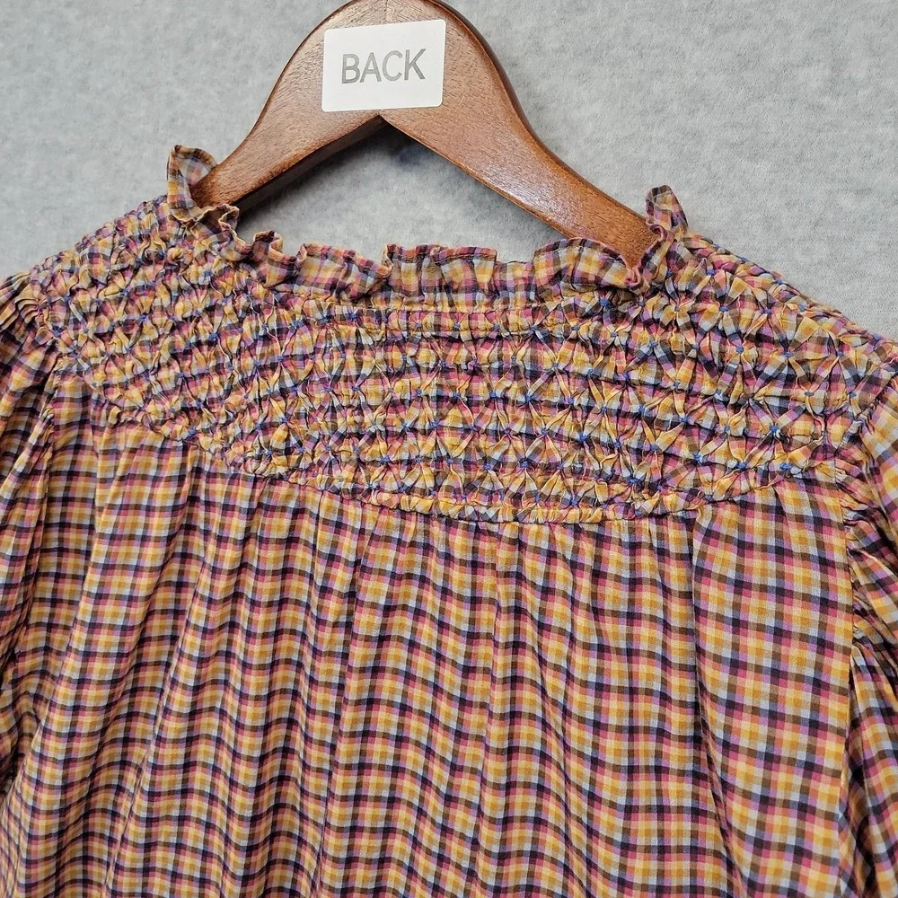 Olivia James The Label Women Large Plaid Smocked Puff Sleeve Blouse Top Cotton - Picture 5 of 10